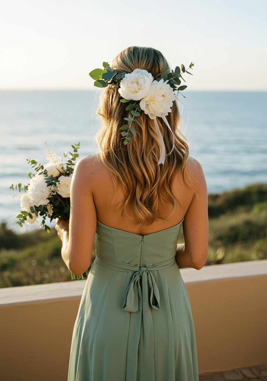 Bridesmaid with loose beachy waves adorned with white peonies and eucalyptus on coastal terrace overlooking ocean in sage green chiffon
