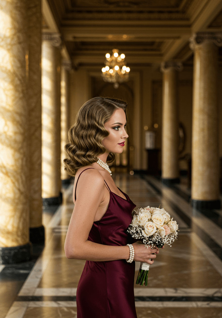 Bridesmaid with classic Hollywood glamour waves in deep burgundy silk dress at elegant Art Deco ballroom with marble columns