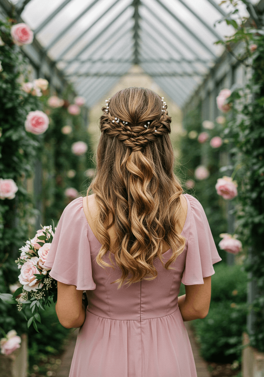 Bridesmaid with half-up braided hairstyle and soft wavy tendrils in dusty rose dress at garden conservatory during golden hour