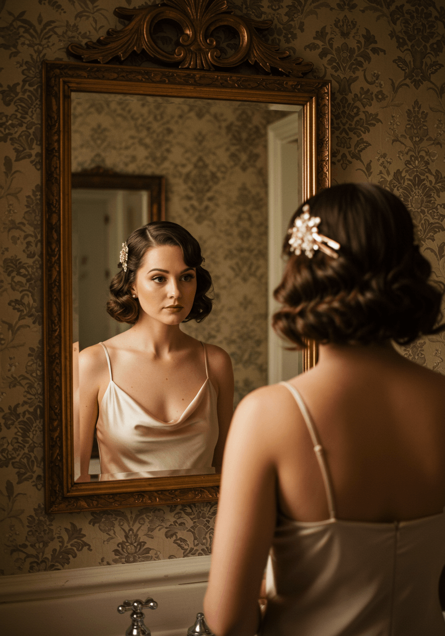 Mirror reflection of bridesmaid with sculpted finger waves in champagne satin adjusting vintage hair clips in gilded powder room