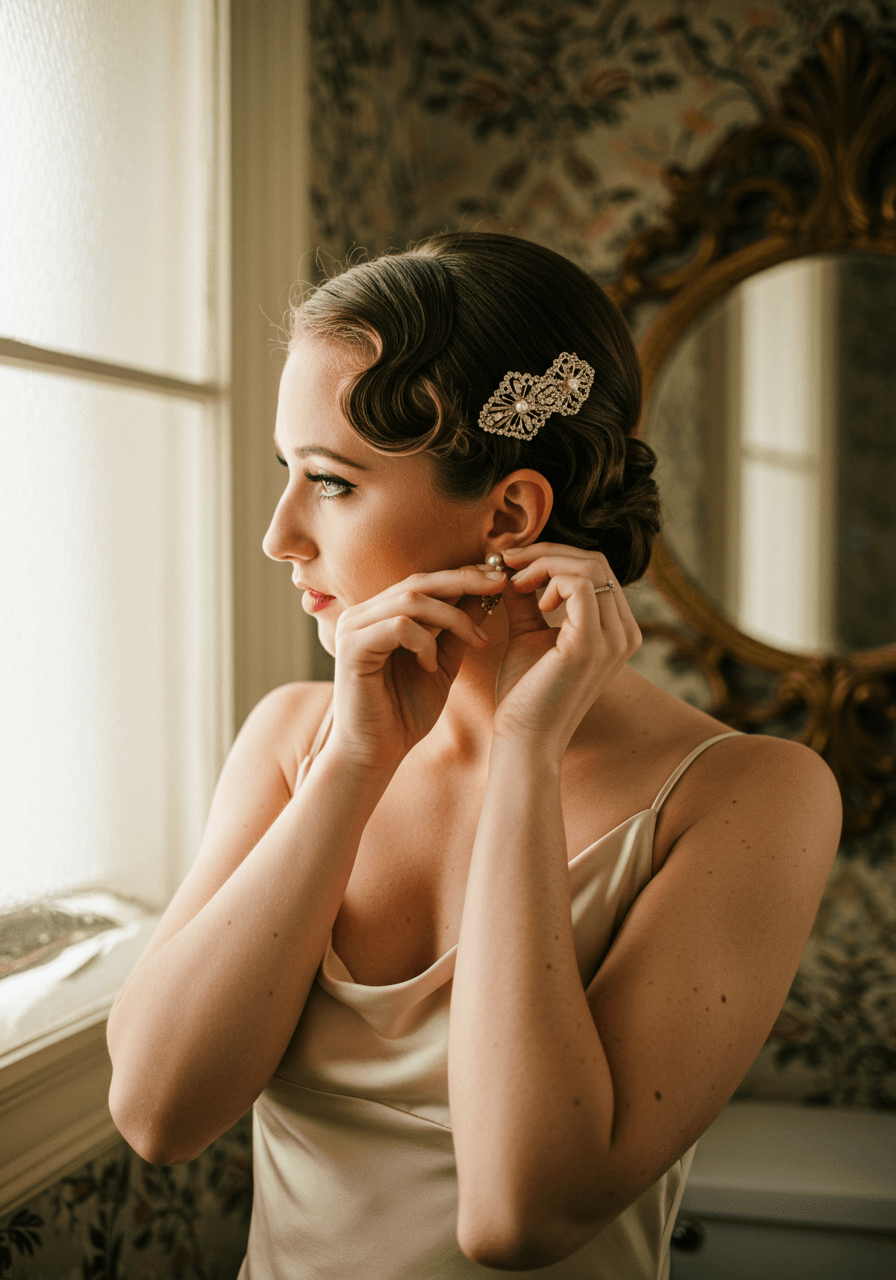 Bridesmaid with vintage finger waves adjusting pearl earrings in champagne satin dress at Art Deco powder room during golden hour