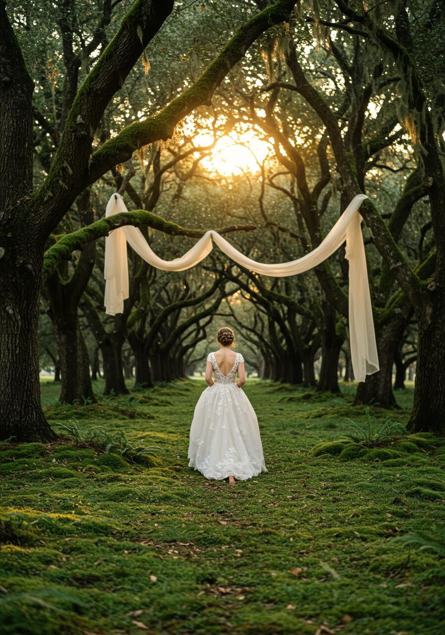 Barefoot bride in flowing dress walking along a vibrant moss-covered forest aisle with rich green textures