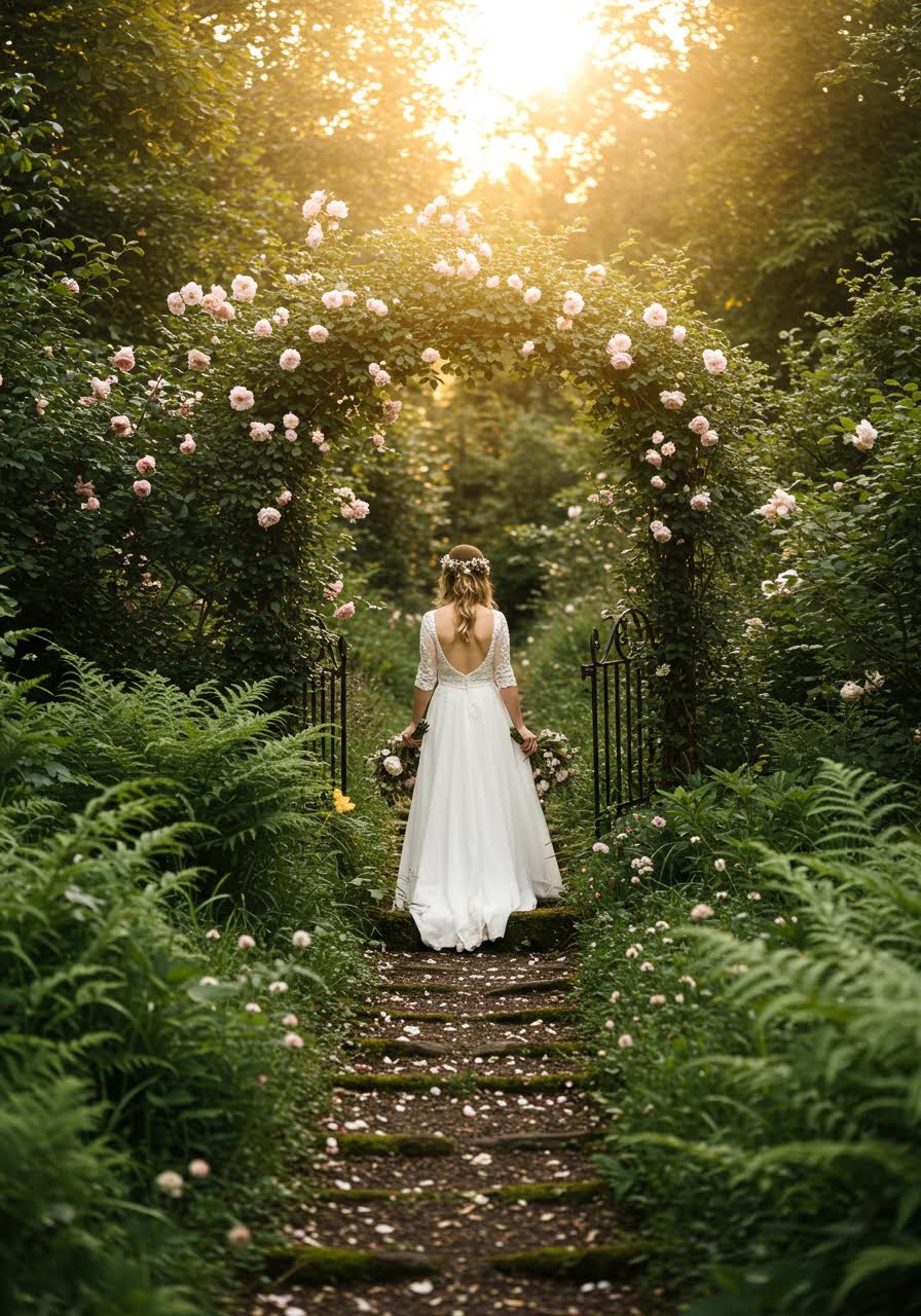 Bohemian bride walking through an overgrown garden path with wild roses and natural vegetation during golden hour