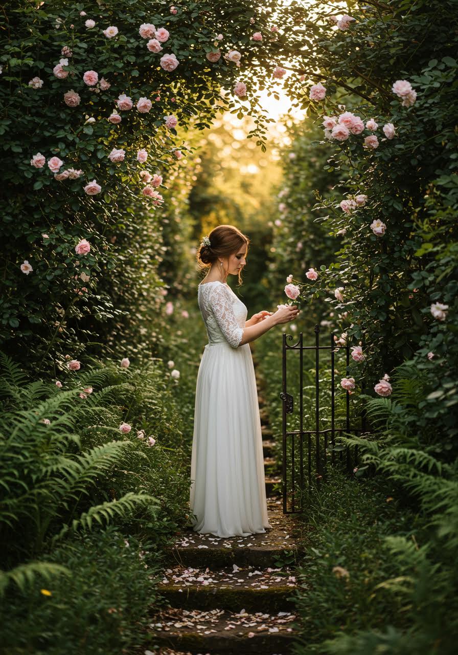 Bride reaching to touch climbing roses in a wild garden setting with soft golden light filtering through foliage