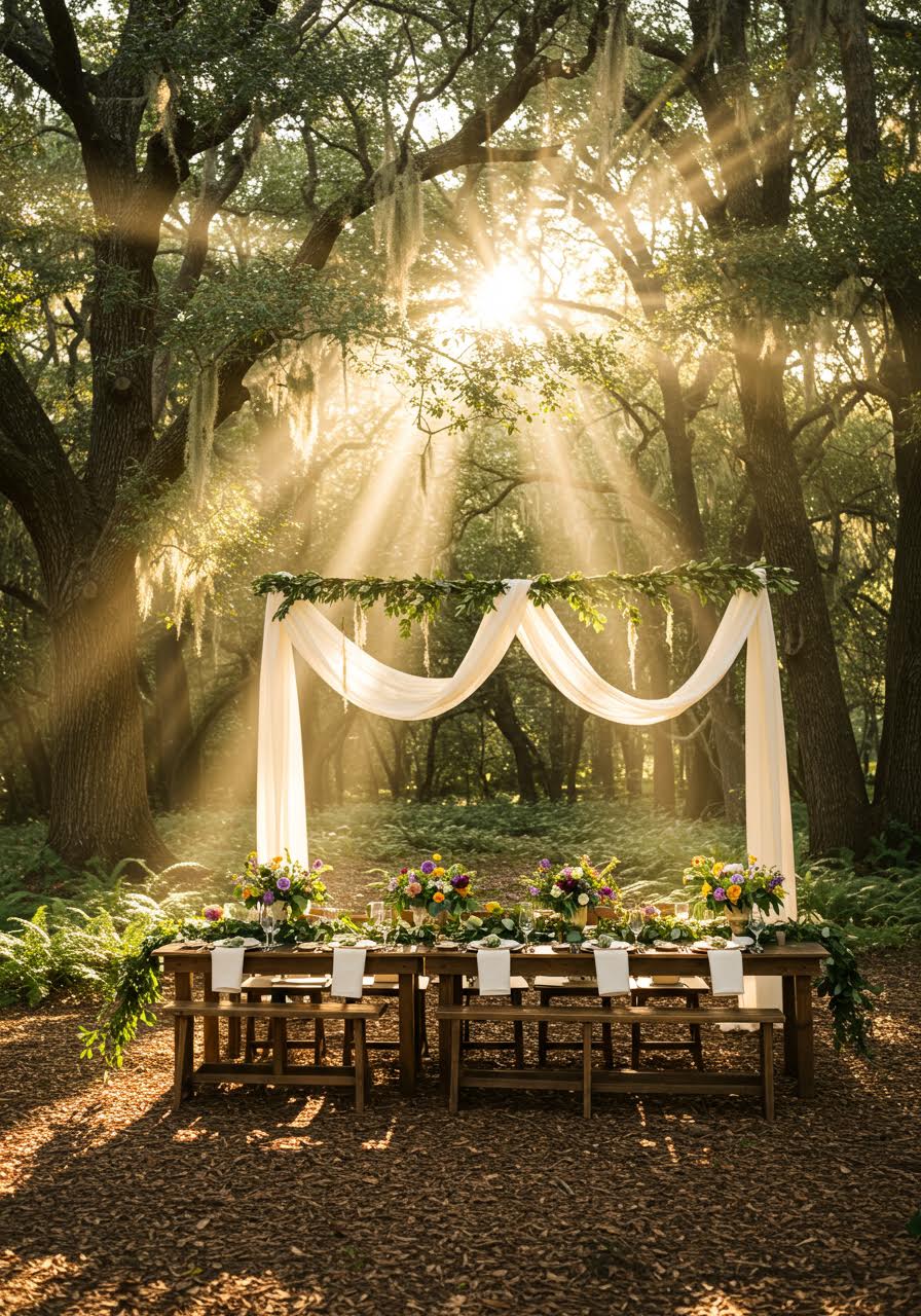 Elegant forest banquet table set with fine dining elements beneath a natural tree canopy during golden hour
