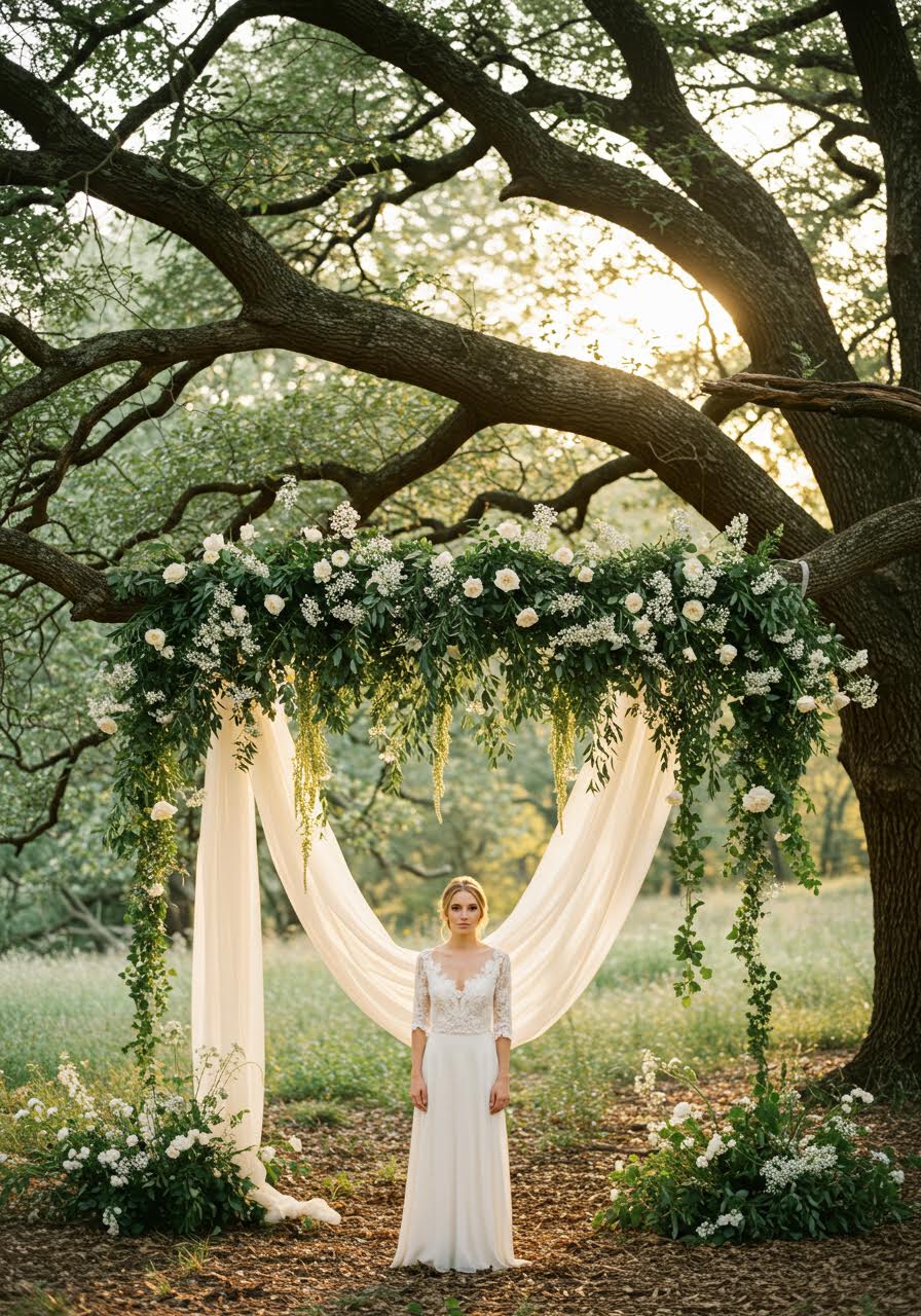 Enchanted forest bride posing near a naturally set dining table with golden hour lighting filtering through trees