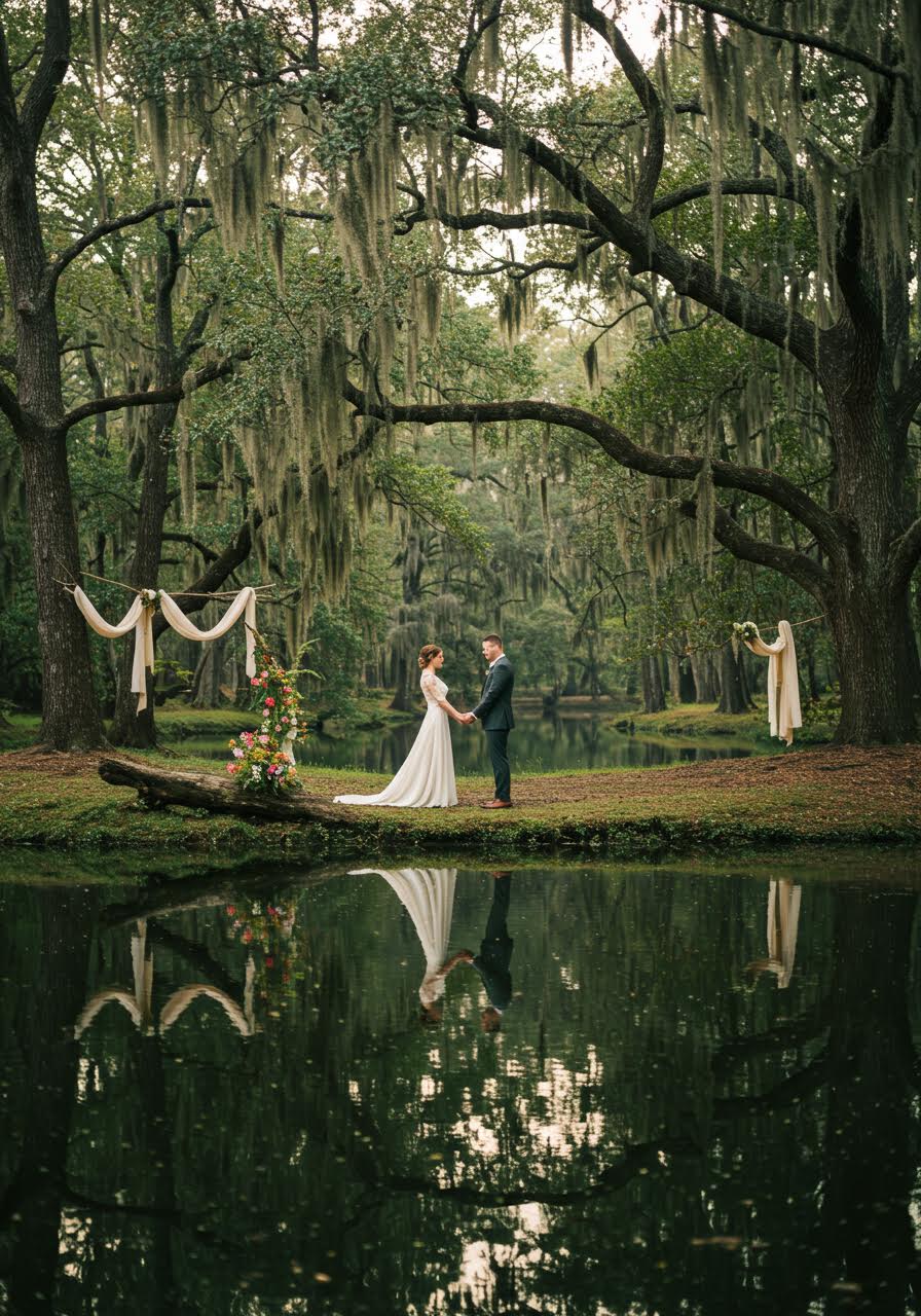 Romantic couple sharing an intimate moment beside a tranquil forest pond during golden hour with trees reflected in the water