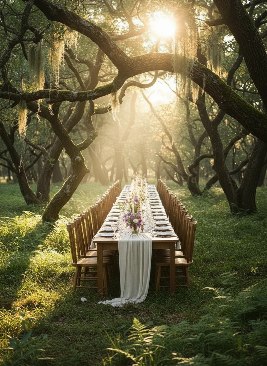 Elegant dining table setup in deep forest setting with fine linens and natural decorative elements among wild roses