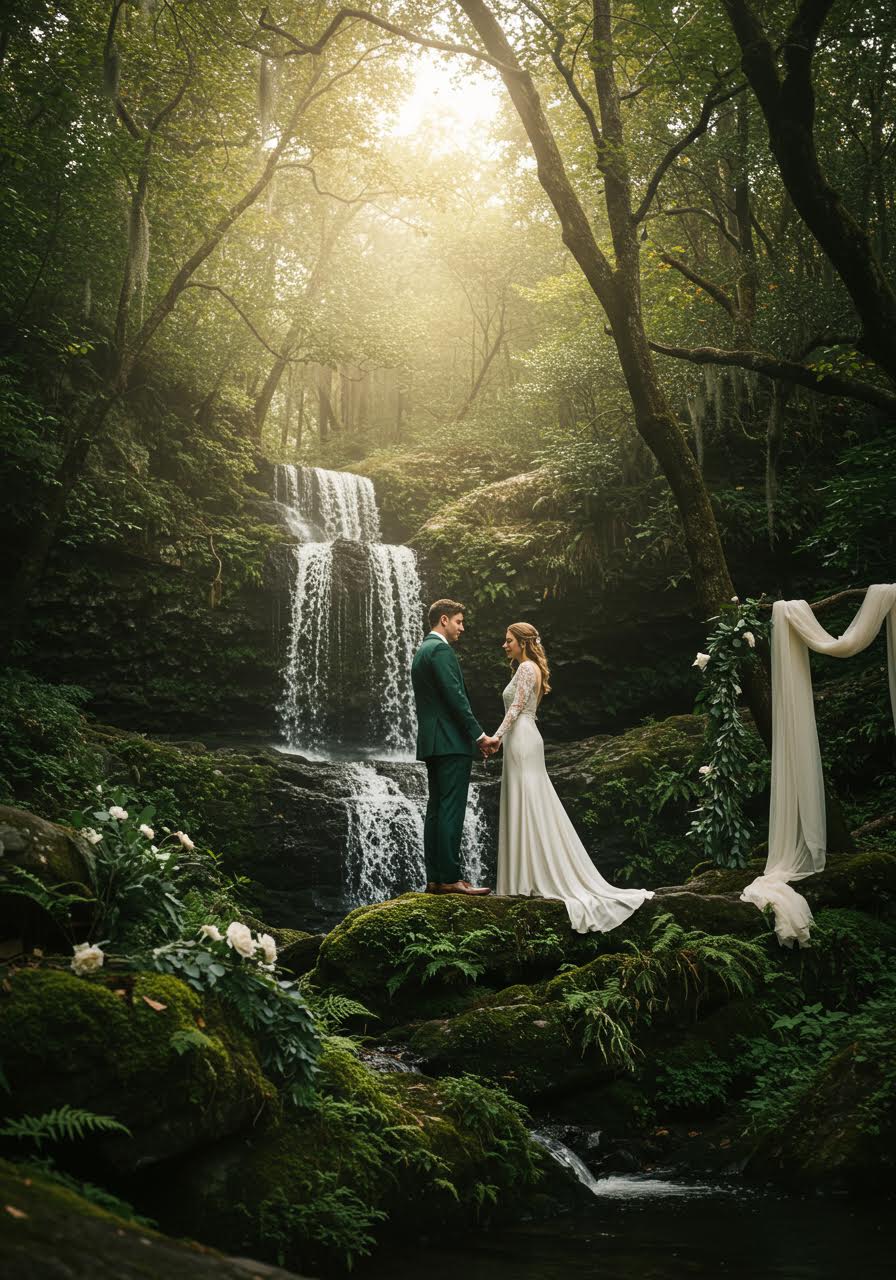Intimate couple embracing beside a forest waterfall during twilight with mist and romantic lighting
