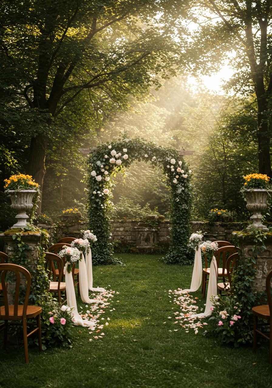 Enchanted forest wedding ceremony setup in a wild overgrown area with natural vegetation and romantic wilderness atmosphere