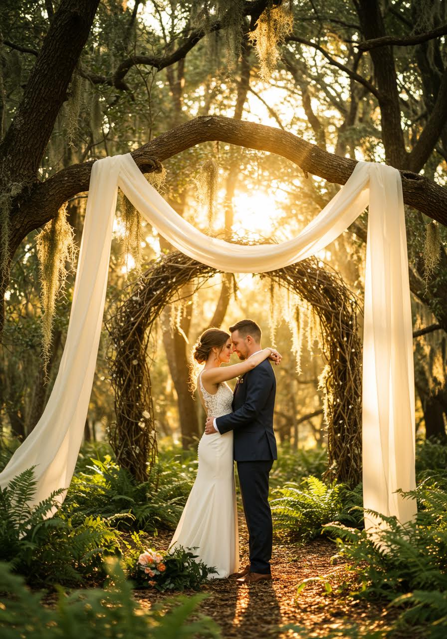 Intimate portrait of wedding couple in soft golden forest light with trees creating a natural backdrop