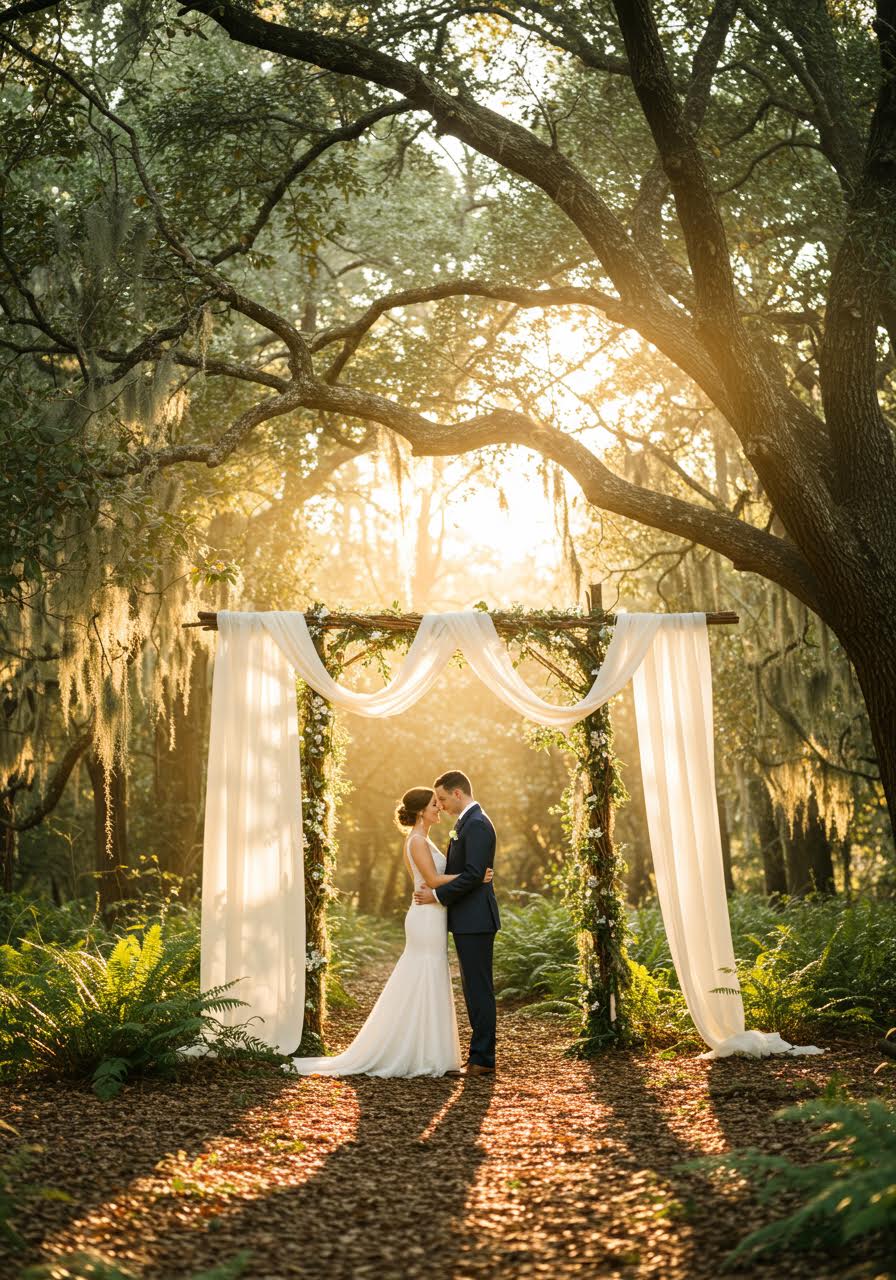 Romantic couple embracing beside a massive tree trunk during golden hour with warm light filtering through the forest