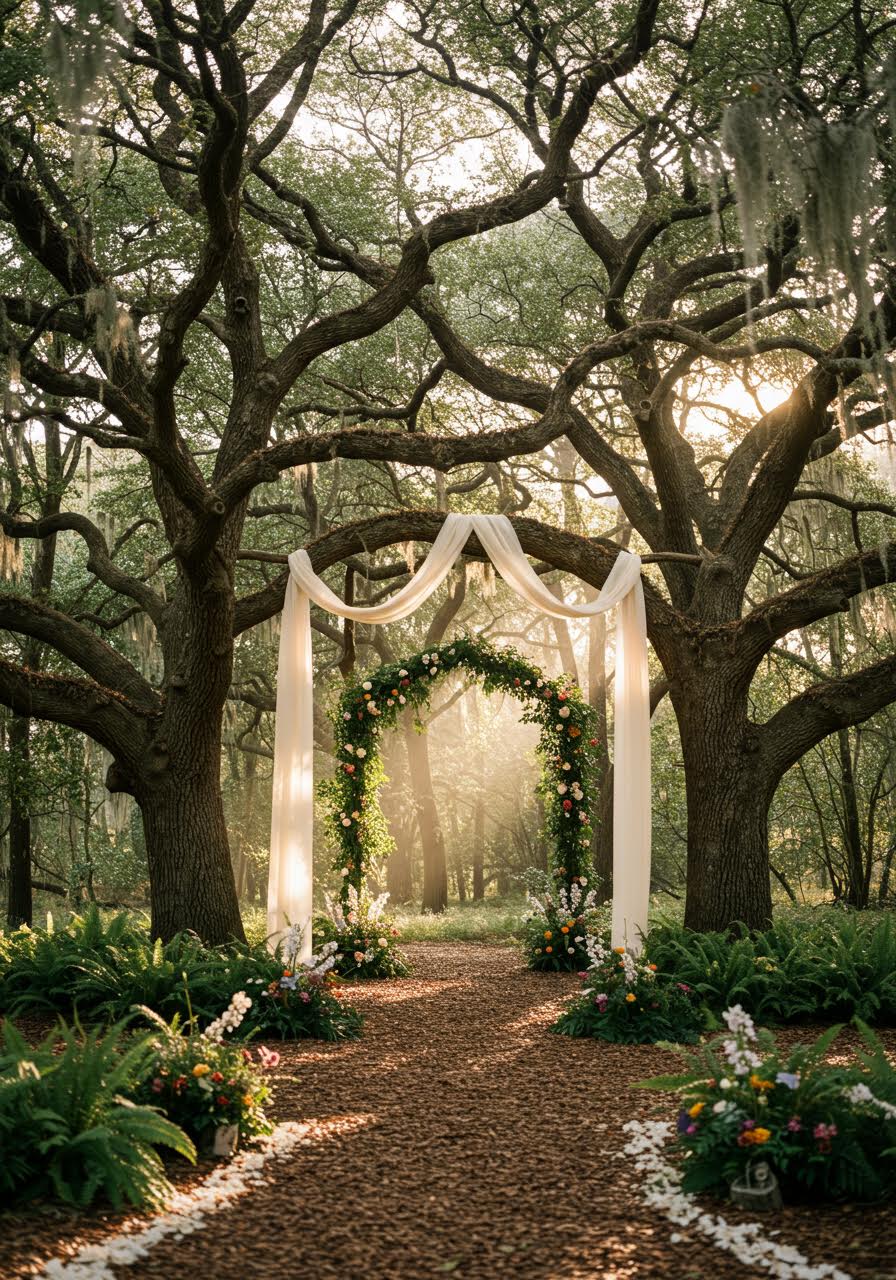 Majestic forest cathedral with towering trees creating natural pillars and bride surrounded by hanging garden elements during golden hour