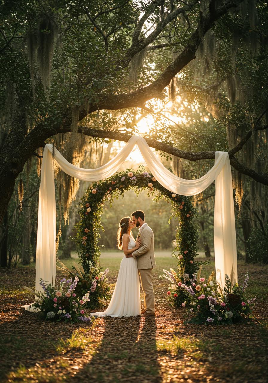 Romantic couple sharing an intimate moment in a forest glade during twilight with soft purple and golden light