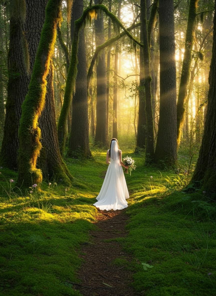 Enchanting moss-covered forest pathway winding through tall trees with golden sunlight creating a natural aisle