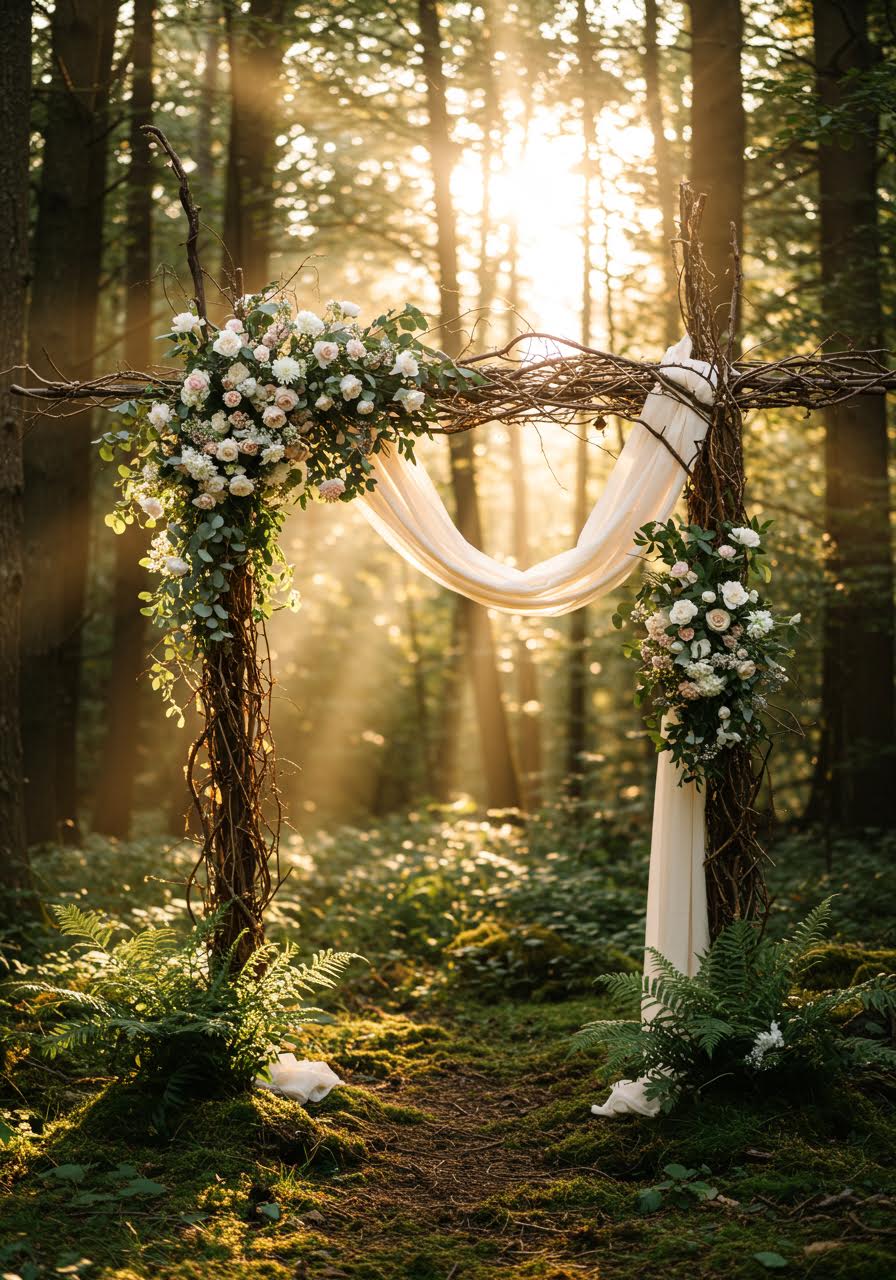 Ethereal wedding altar made from intricately woven branches and natural materials set in a misty forest clearing