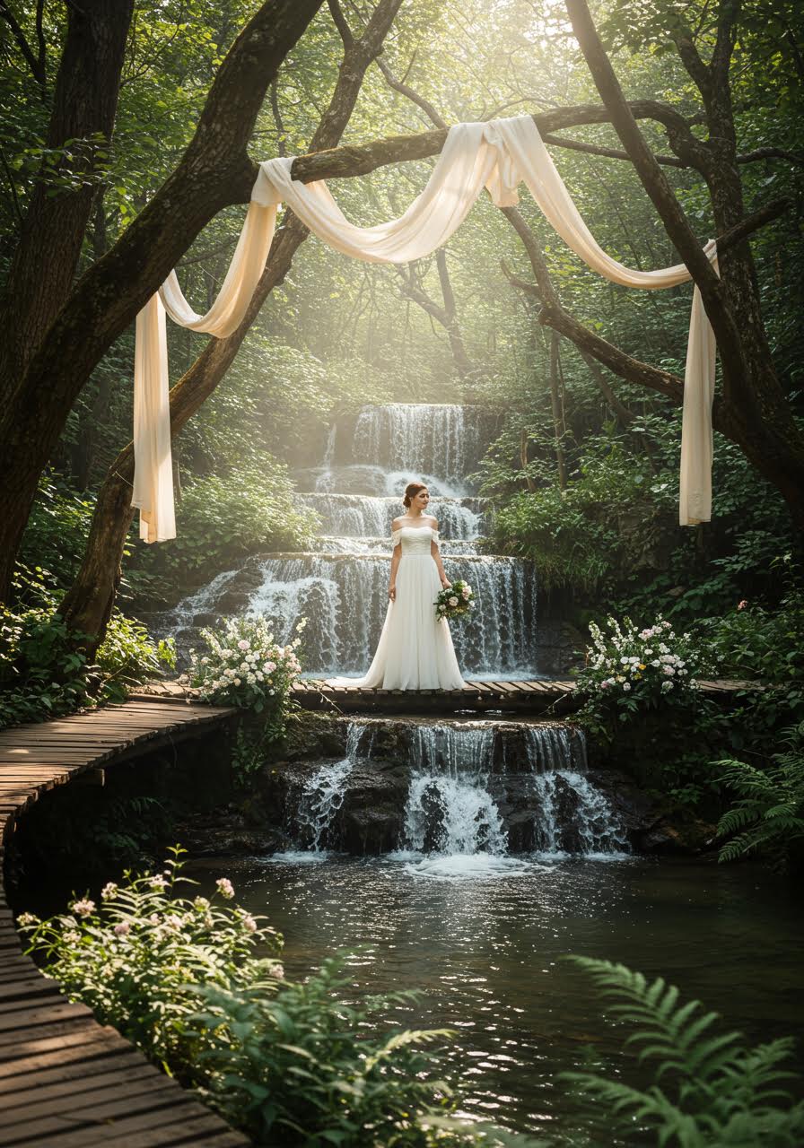 Ethereal waterfall wedding setup with natural stone platform overlooking cascading water in a forest setting