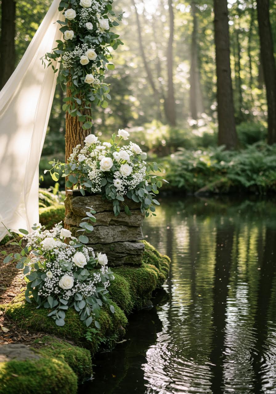Natural stone altar arrangement beside a peaceful woodland pond with morning light filtering through the trees