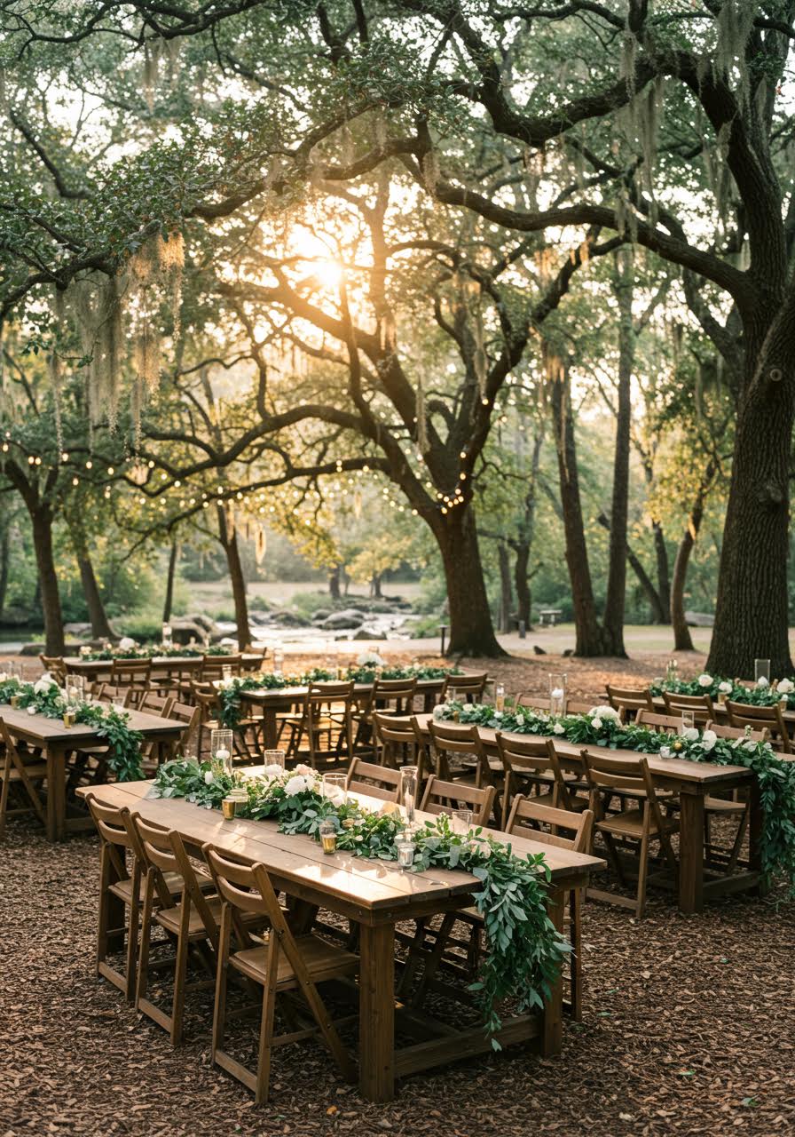 Romantic forest dining area beneath majestic oak trees draped with Spanish moss creating a natural canopy