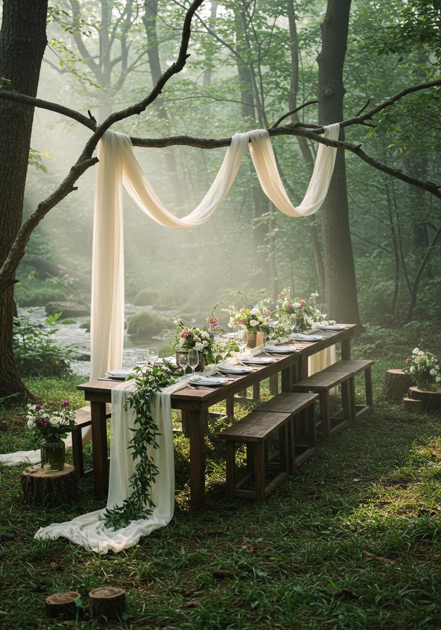 Dreamy forest banquet table beside a waterfall with elegant place settings and natural forest ambiance