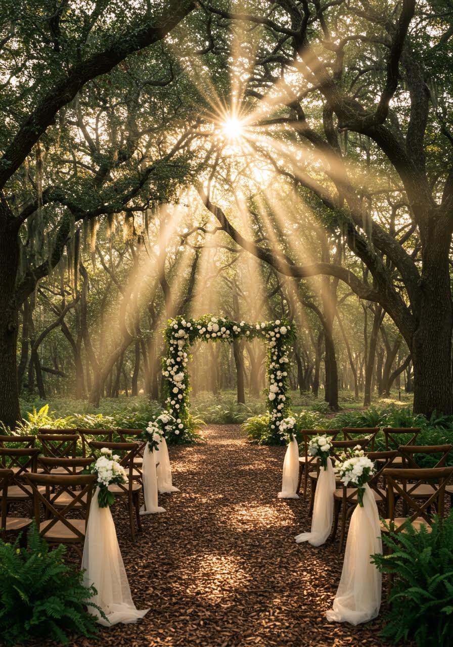 Intimate forest wedding ceremony setup with wooden chairs and natural arch framed by towering trees in golden light