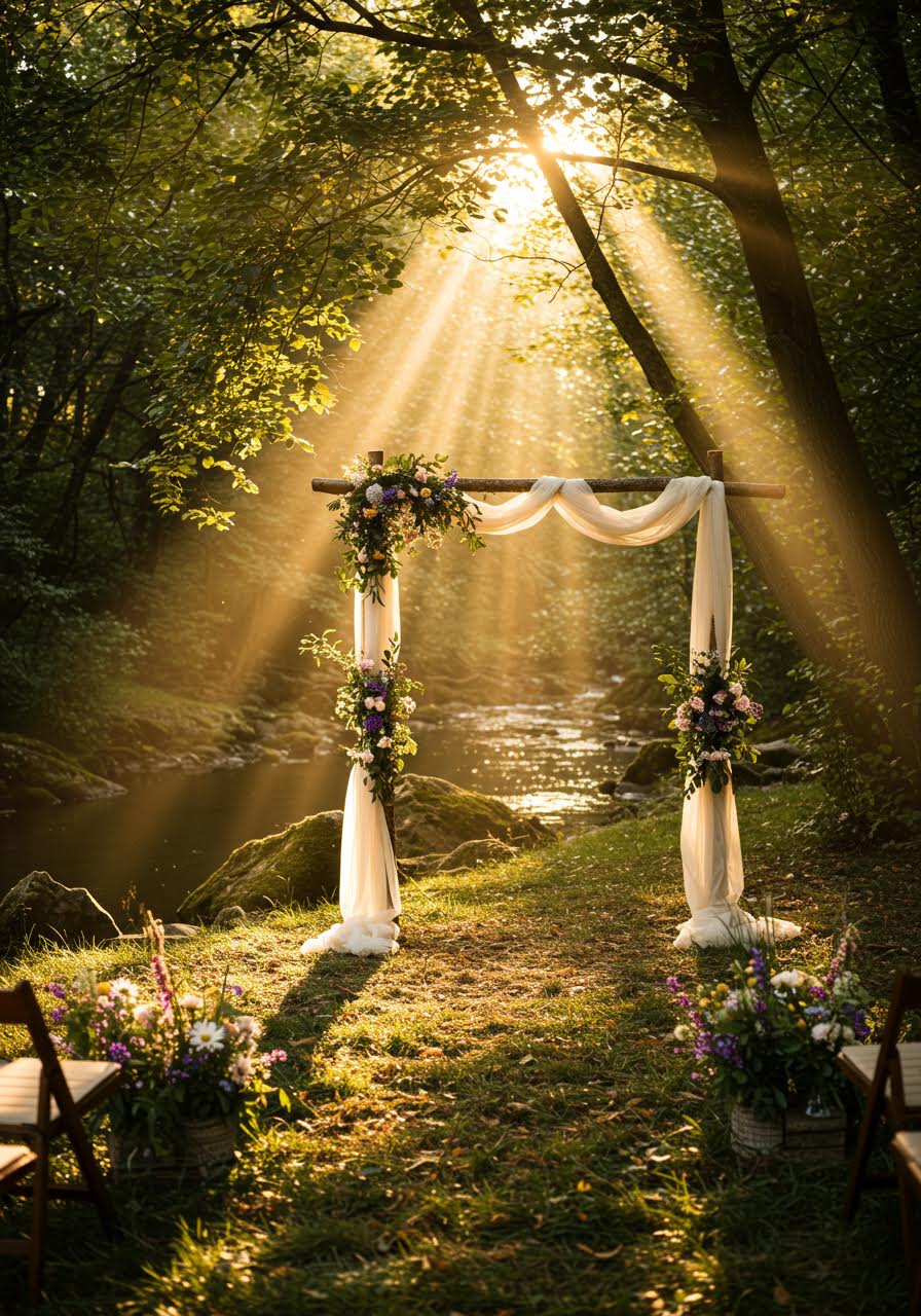 Rustic forest wedding altar positioned beside a gentle stream with natural stone elements and woodland surroundings
