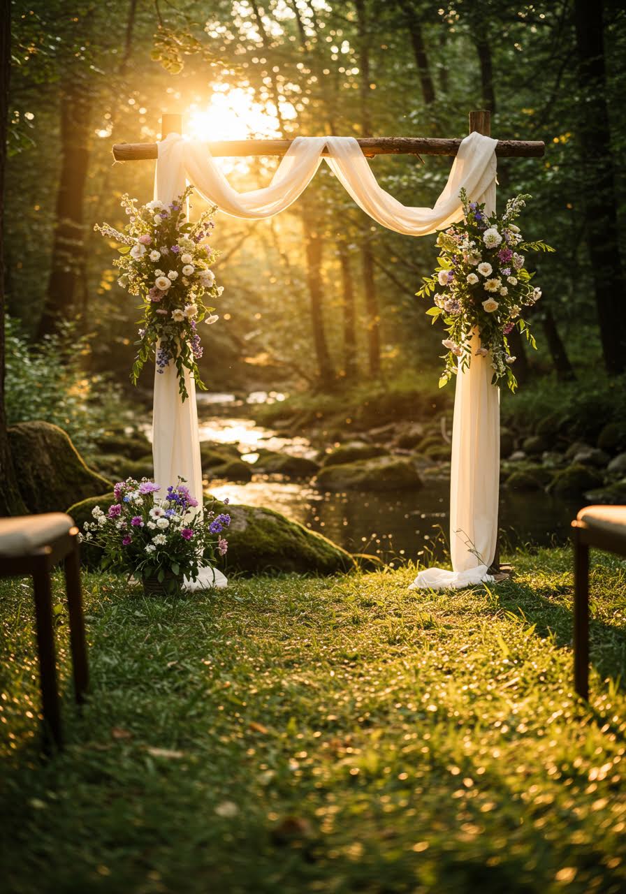 Detailed view of natural altar decoration with stones and branches beside a babbling forest stream