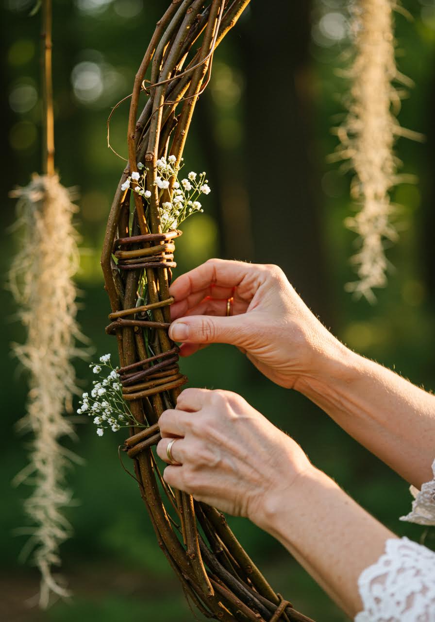 Detailed view of willow branches being woven into an wedding arch during golden hour with intricate natural patterns
