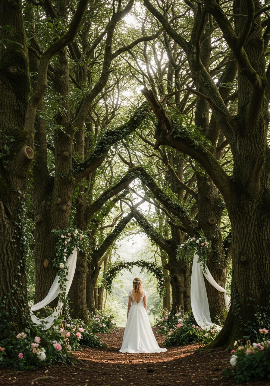 Woodland bride reaching toward climbing roses in a natural tree cathedral setting with dappled sunlight