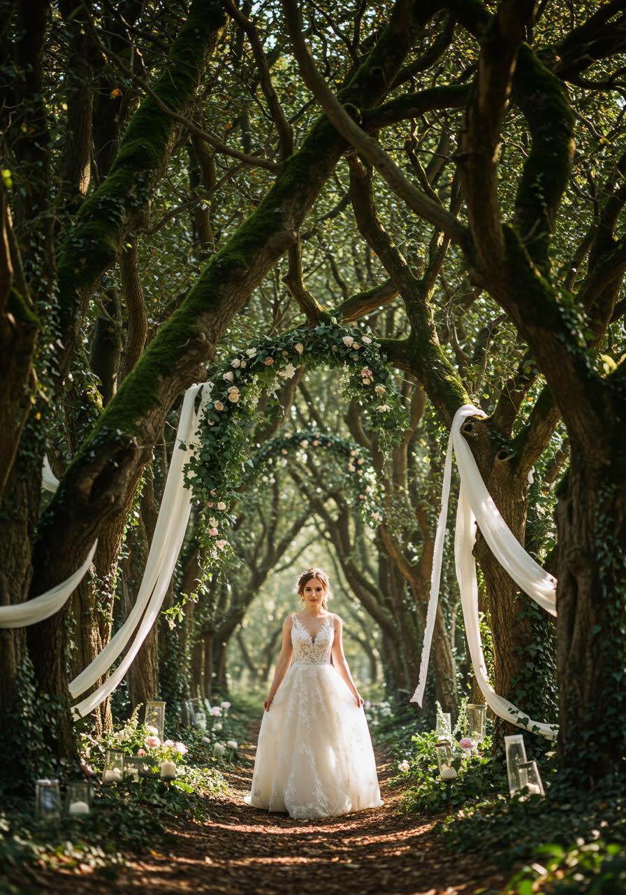 Overhead view of bride under a natural tree canopy with hanging garden elements creating a living ceiling