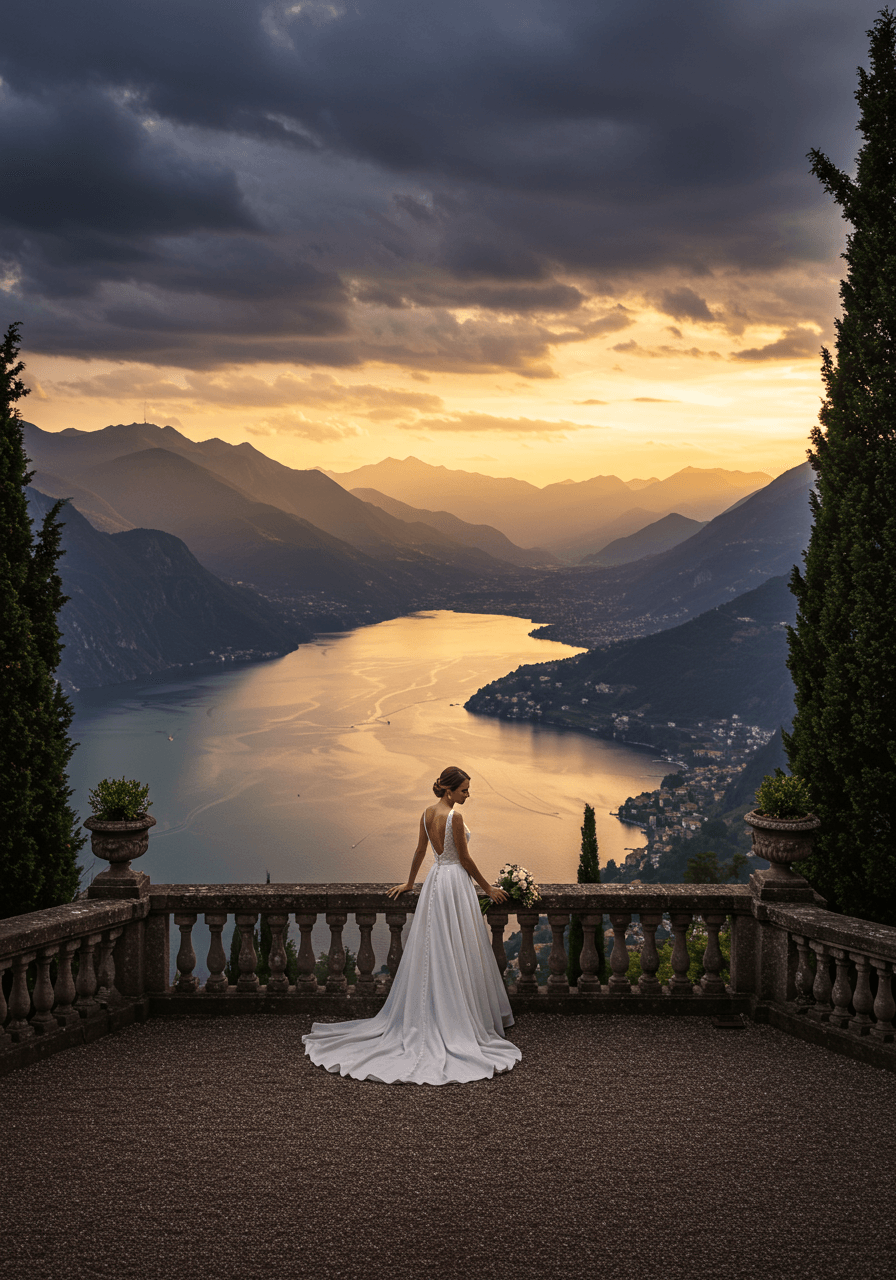 Bride posing gracefully against ornate stone balustrade with mountain view