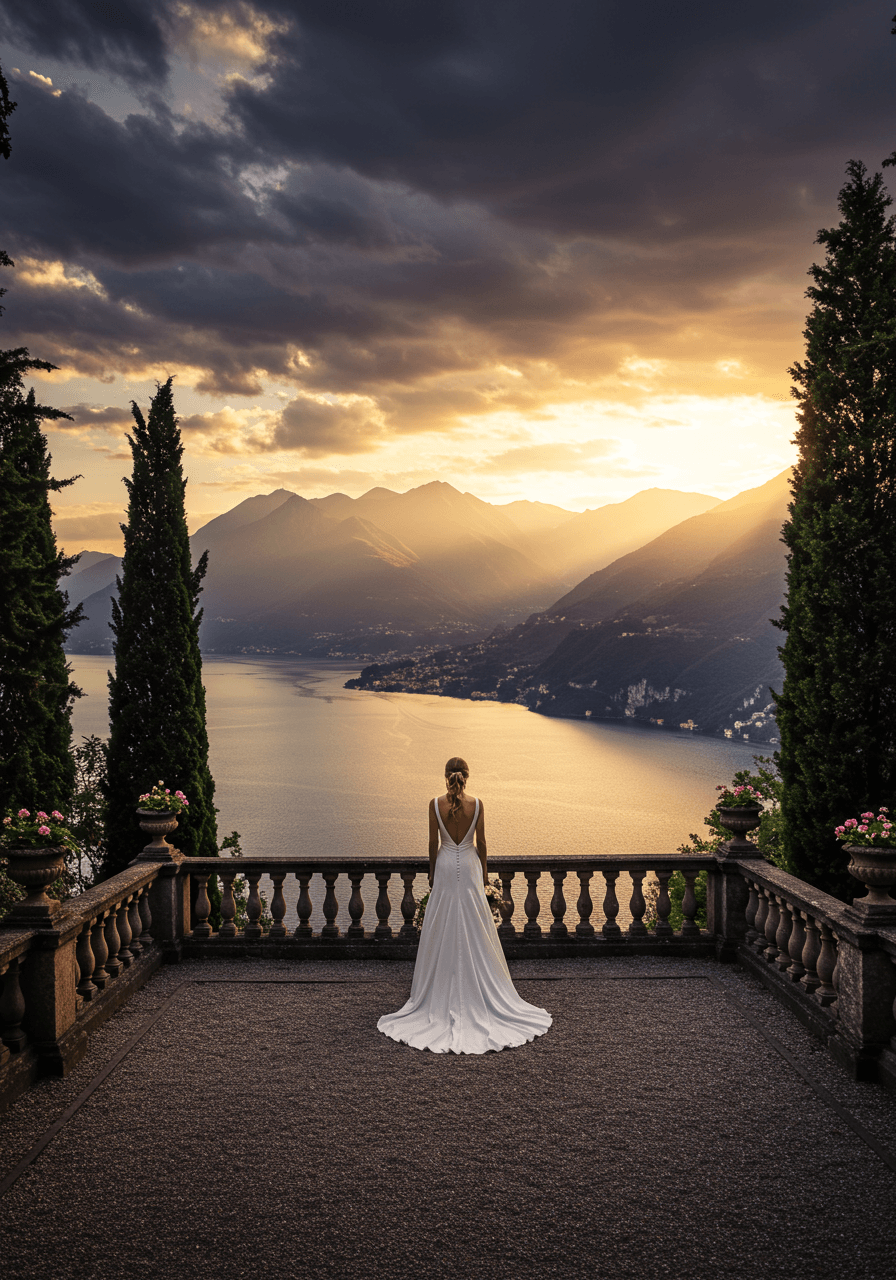 Solo bride portrait against dramatic mountain and lake landscape vista
