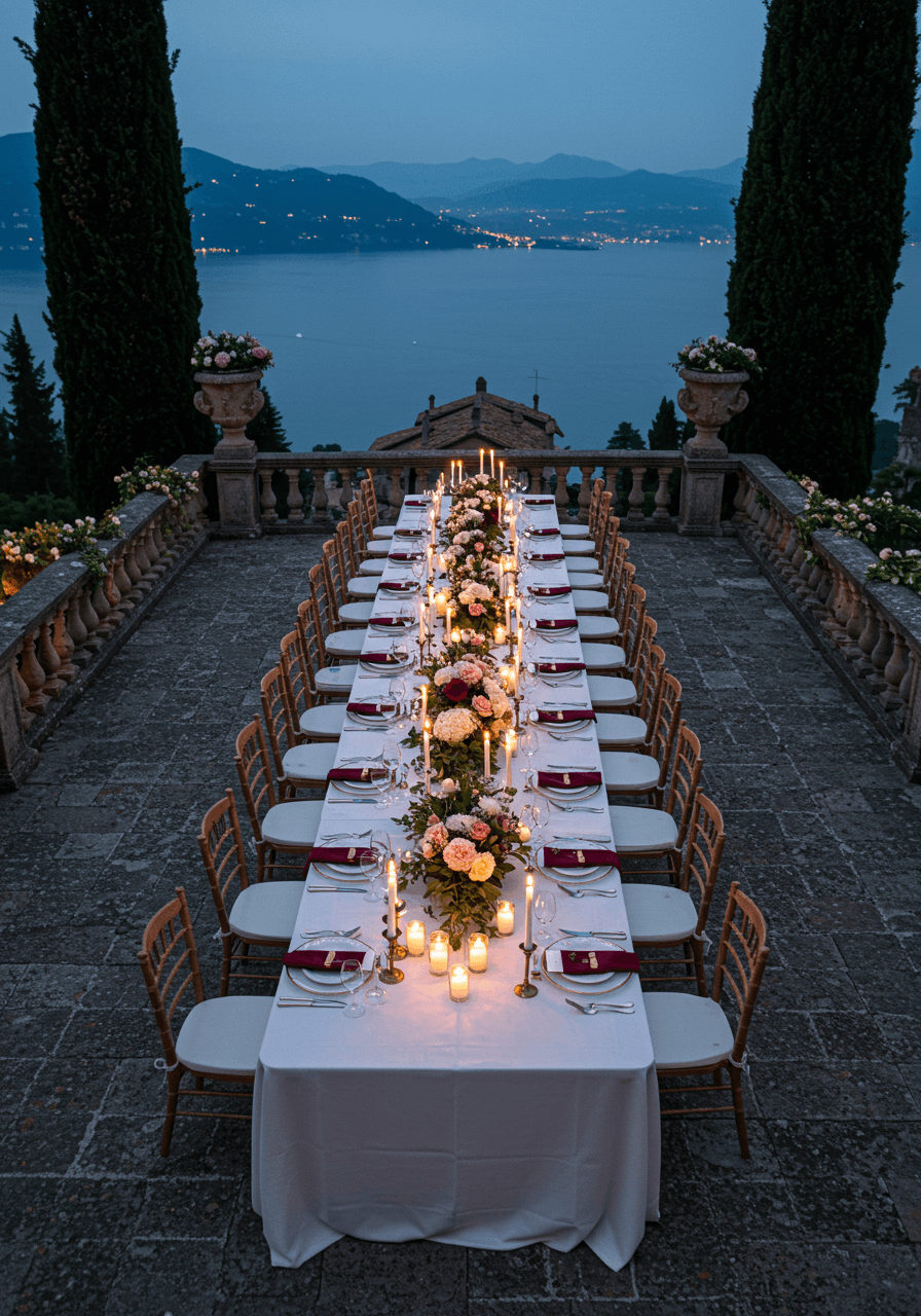 Overhead view of elaborate alfresco wedding banquet table with lake backdrop