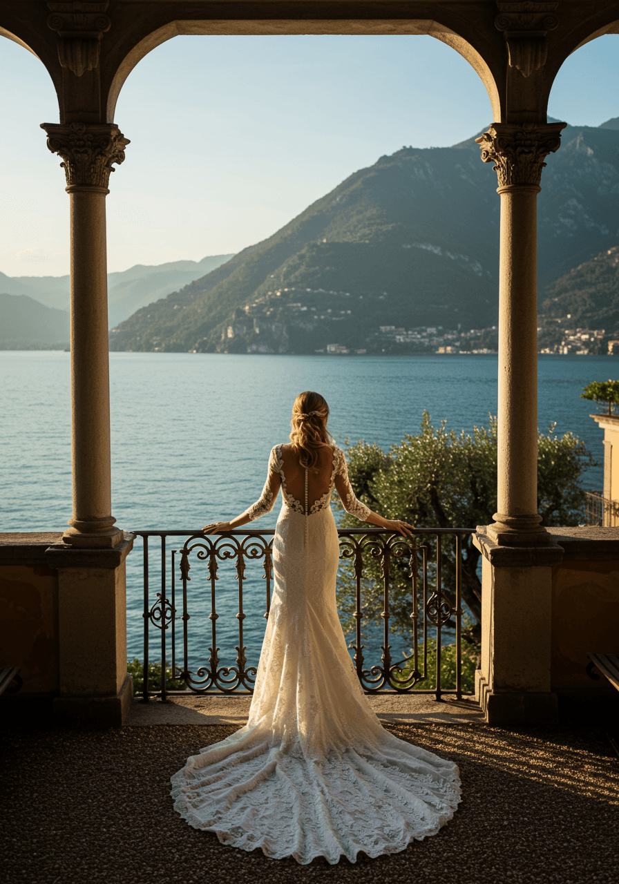 Solo bride portrait on ornate villa balcony with lake vista background