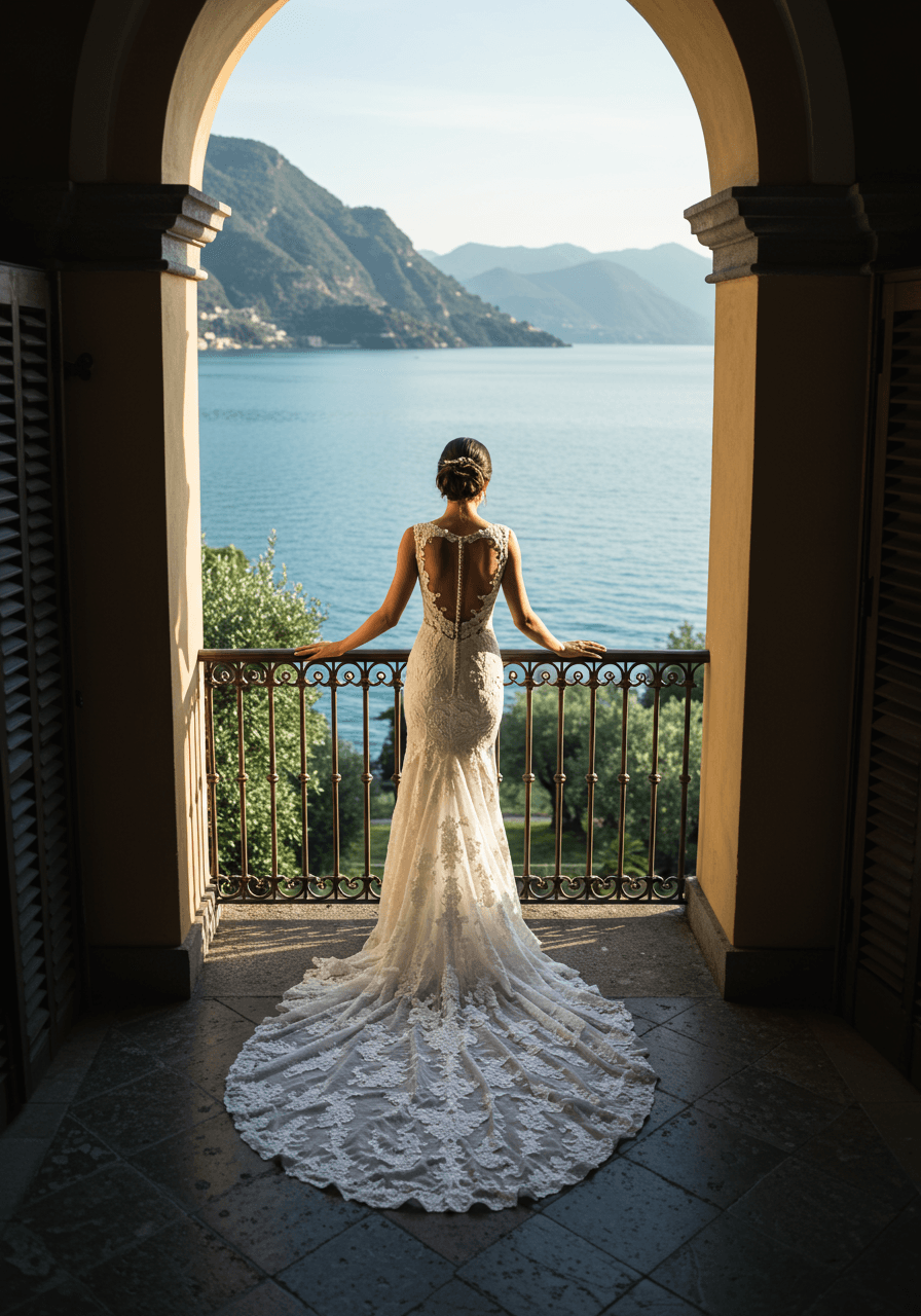 Bride leaning against decorative iron railings overlooking Como waters