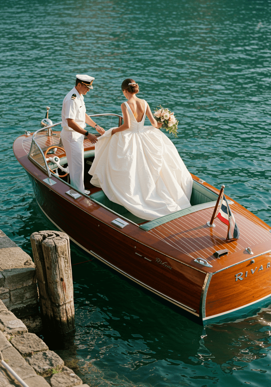 Elegant bride stepping gracefully from Riva motorboat onto lakeside dock