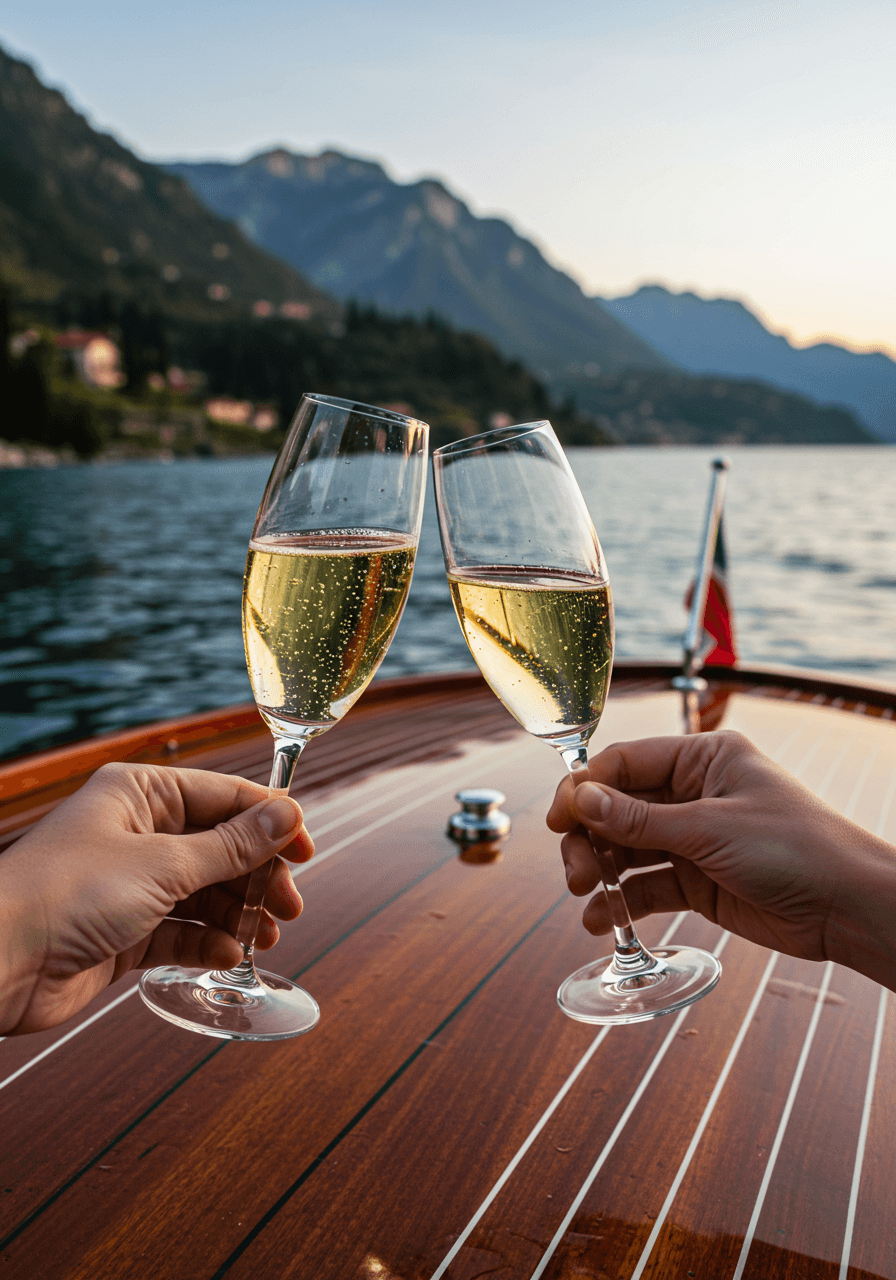 Crystal champagne glasses clinking together with Lake Como backdrop