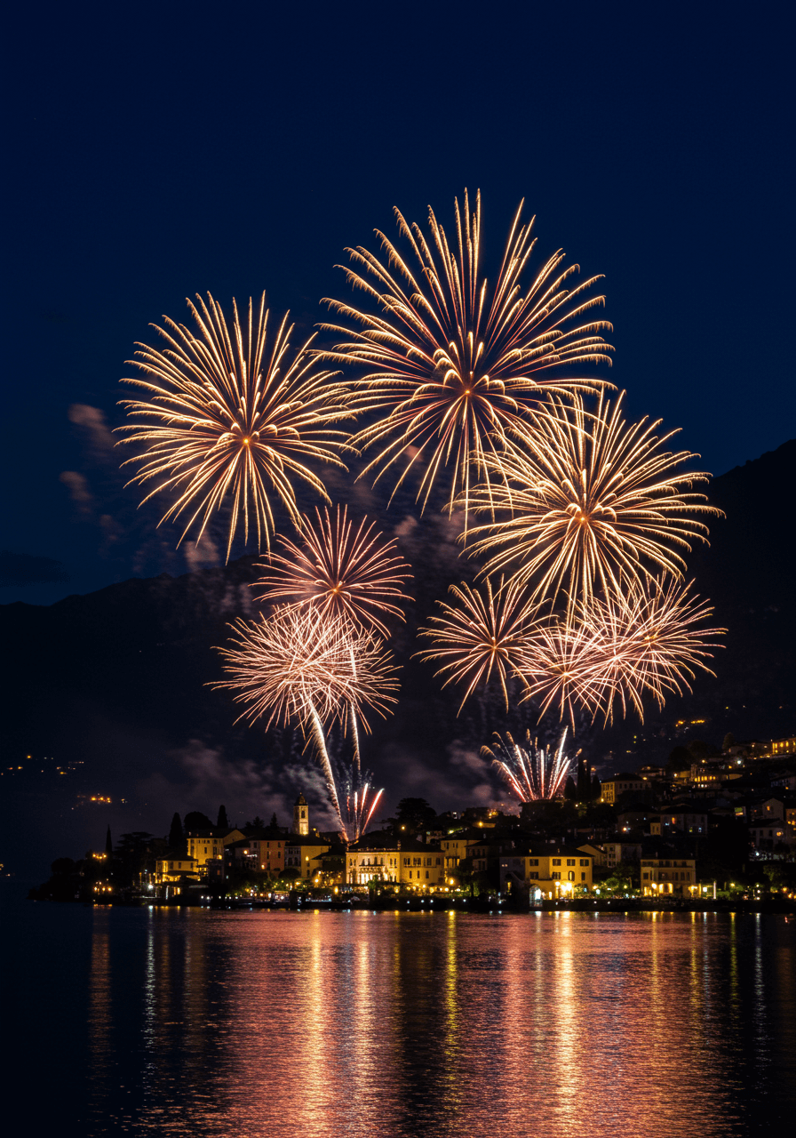 Close-up view of colorful firework bursts illuminating lake surface