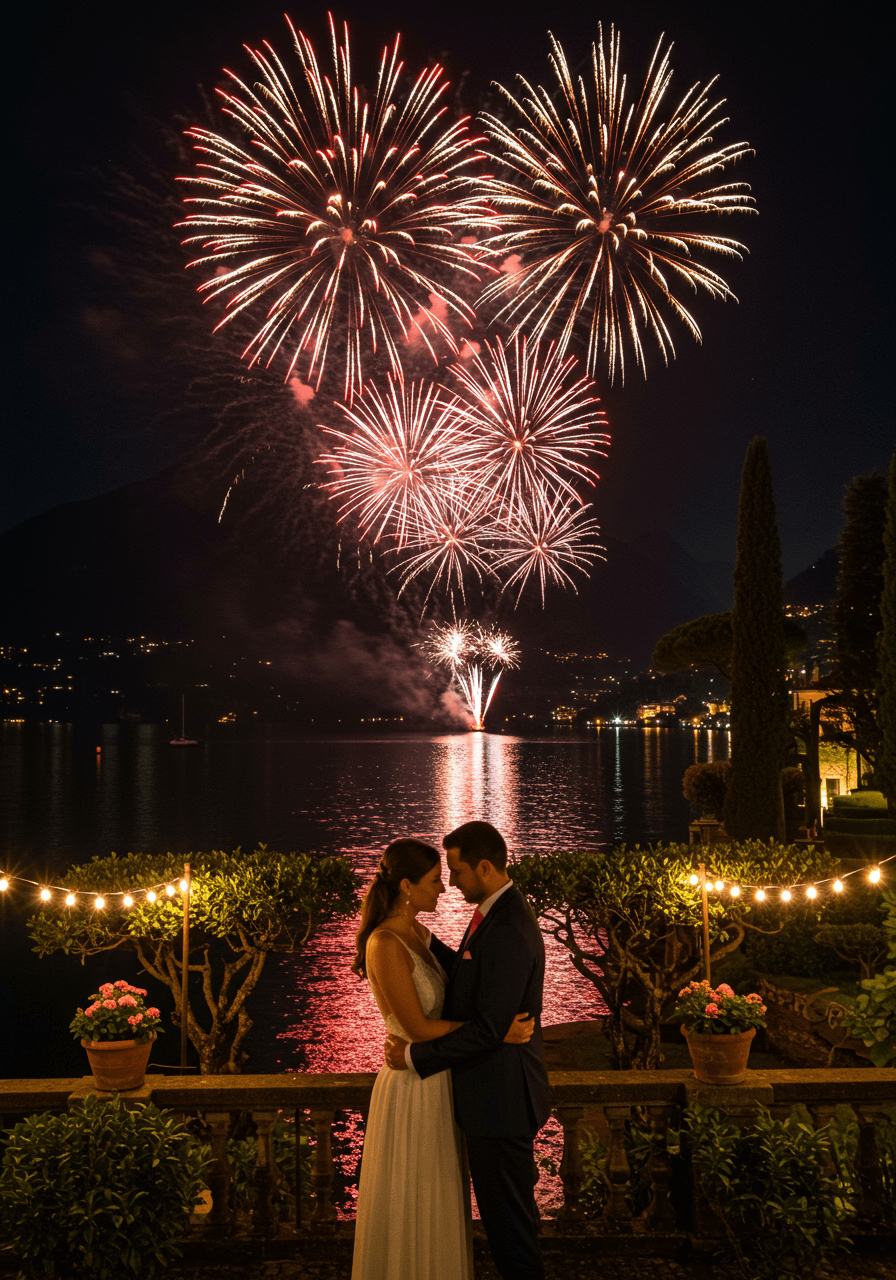 Intimate wedding moment with fireworks creating magical backdrop