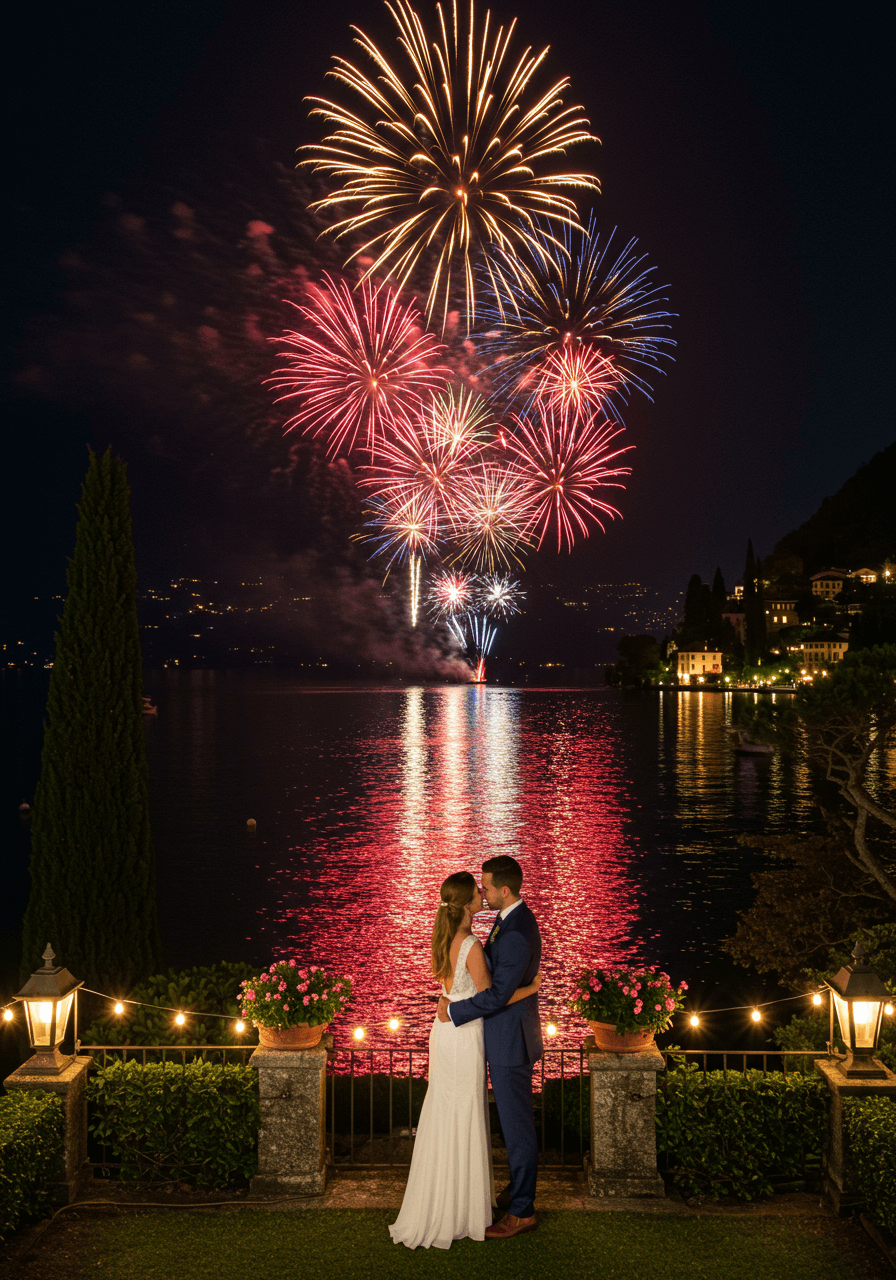 Romantic couple embracing while fireworks burst over Lake Como waters