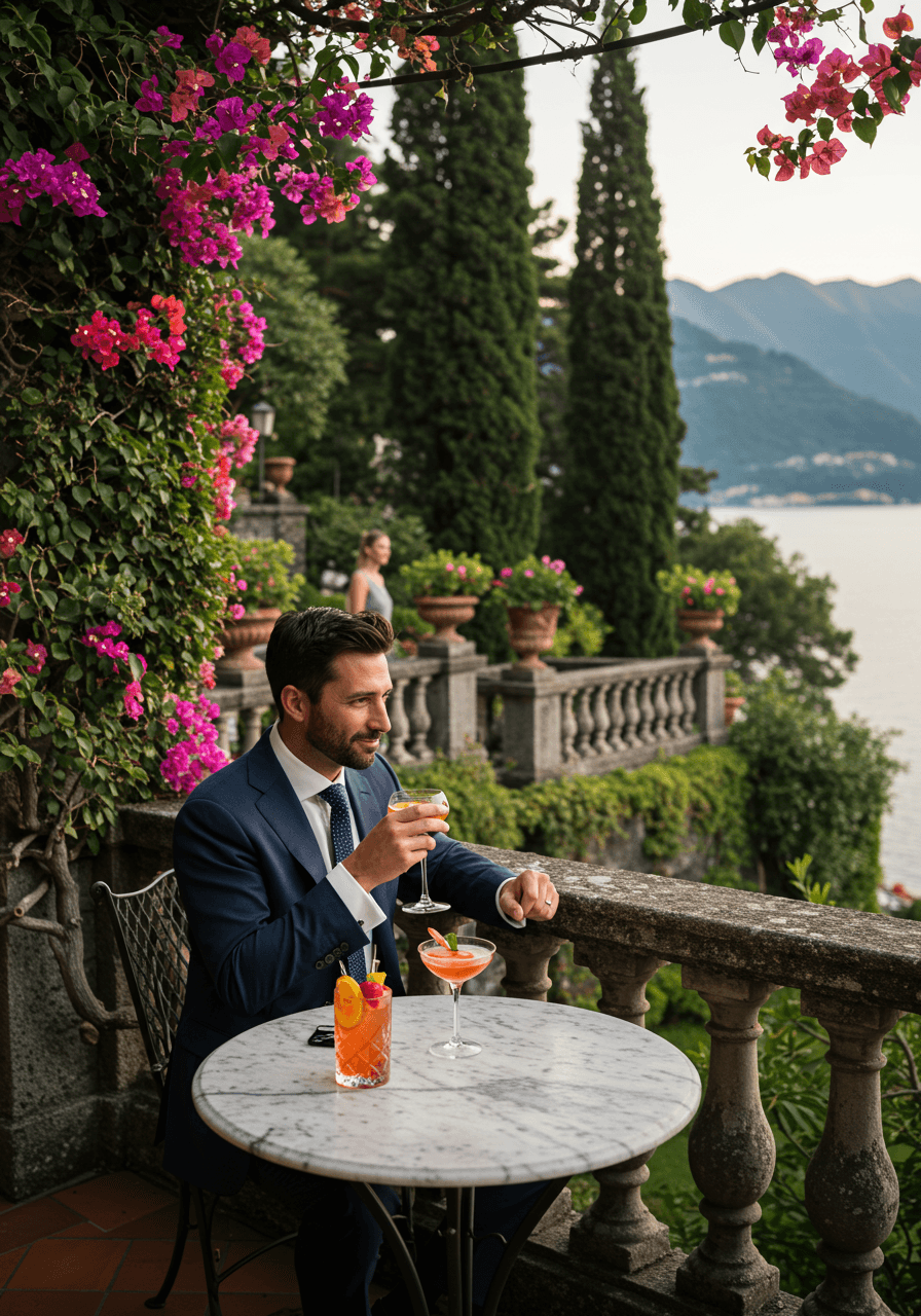 Elegant cocktails arranged on marble table in romantic garden setting