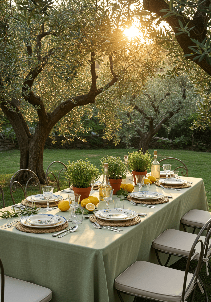 Sophisticated outdoor dining setup in garden with Italian-inspired design