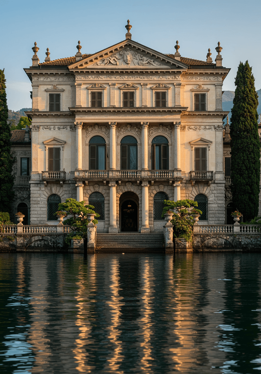 Wide-angle view of neoclassical villa facade overlooking Lake Como