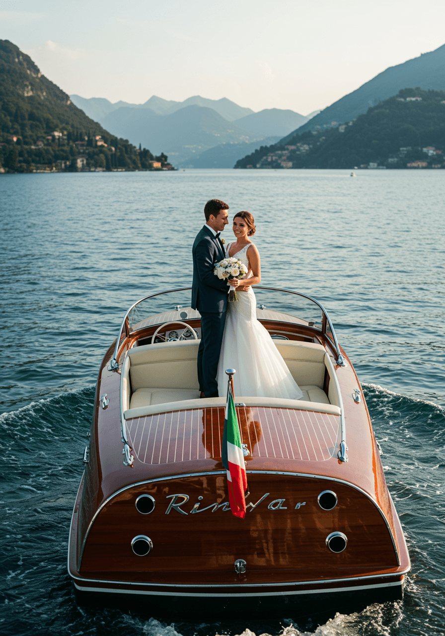 Newlywed couple embracing on classic Riva speedboat on Lake Como waters