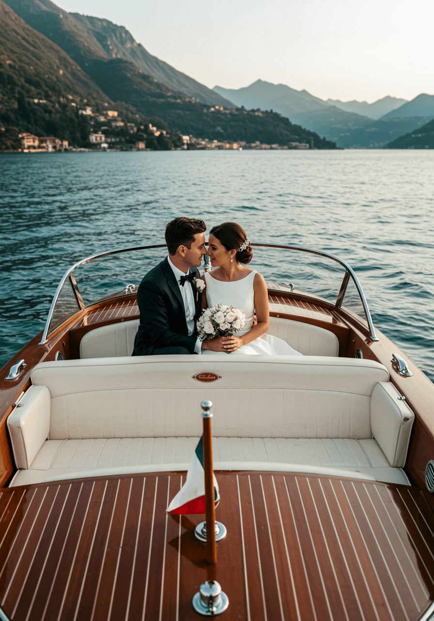 Intimate seating arrangement inside luxury wooden speedboat with lake views