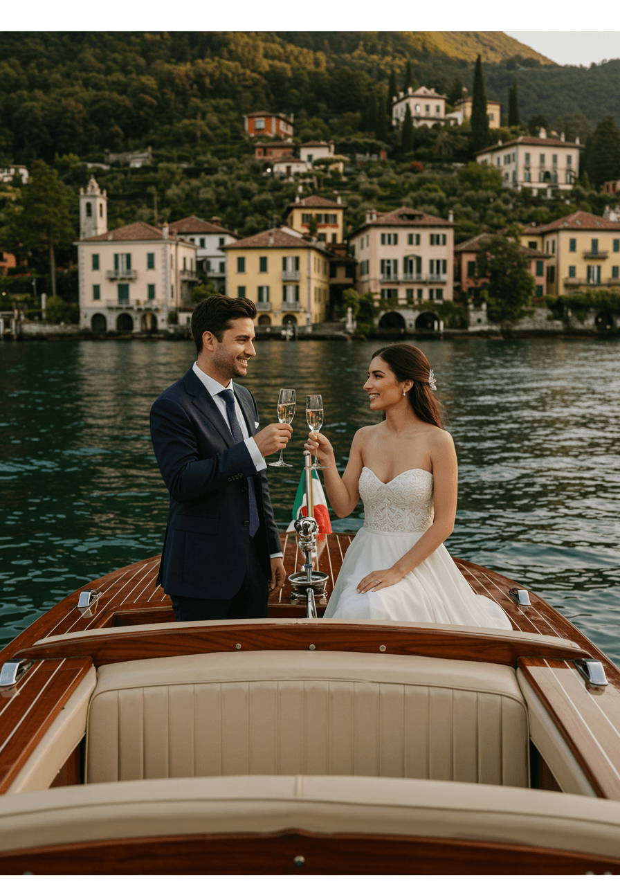 Romantic champagne toast aboard classic wooden boat during golden hour