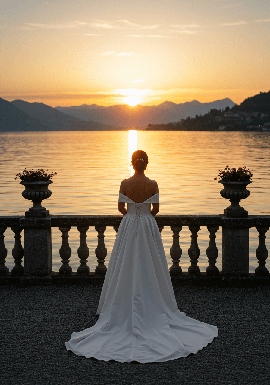 Bride gazing across lake from villa terrace during sunset golden hour