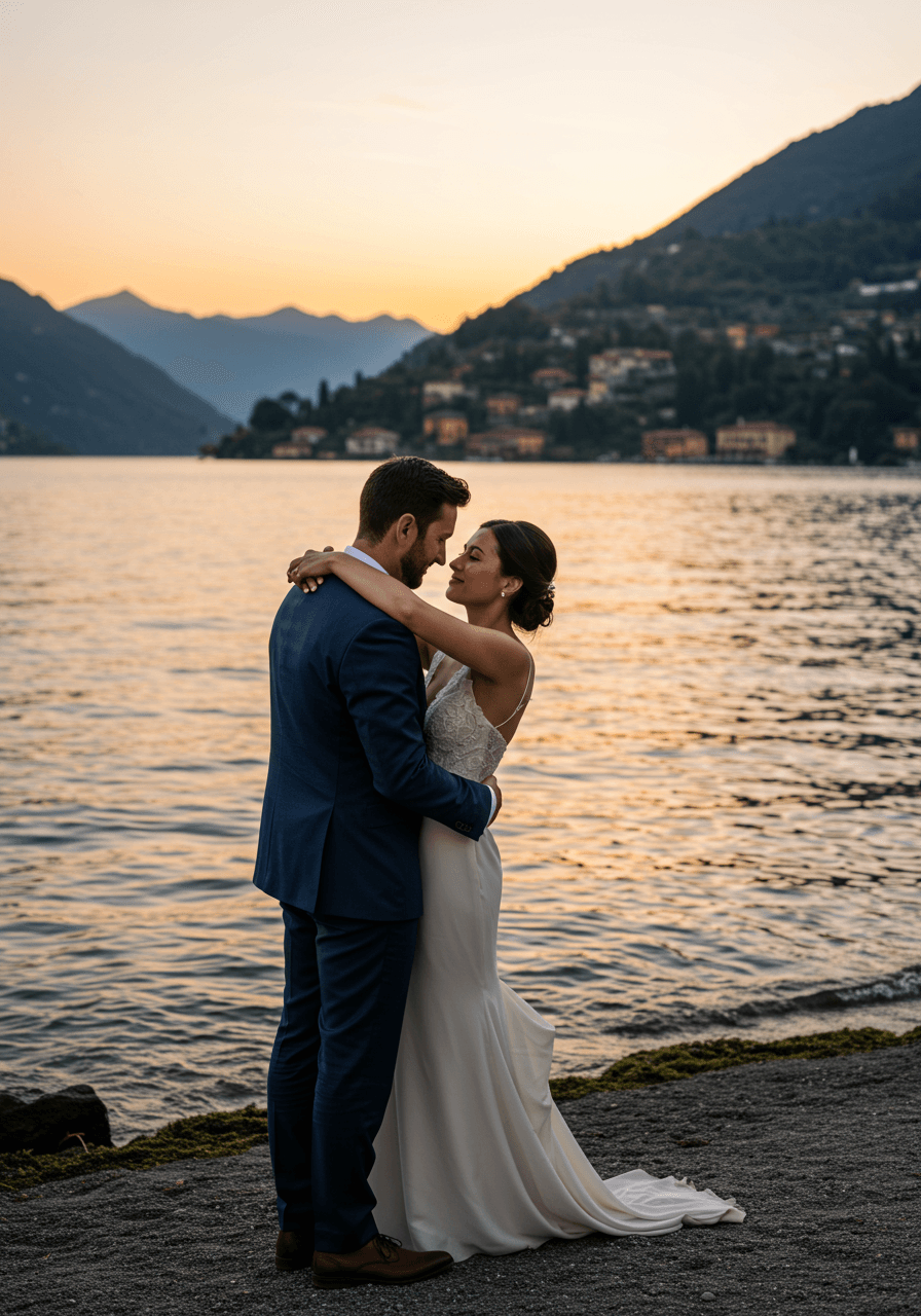 Romantic couple embracing during golden hour sunset by Lake Como shore