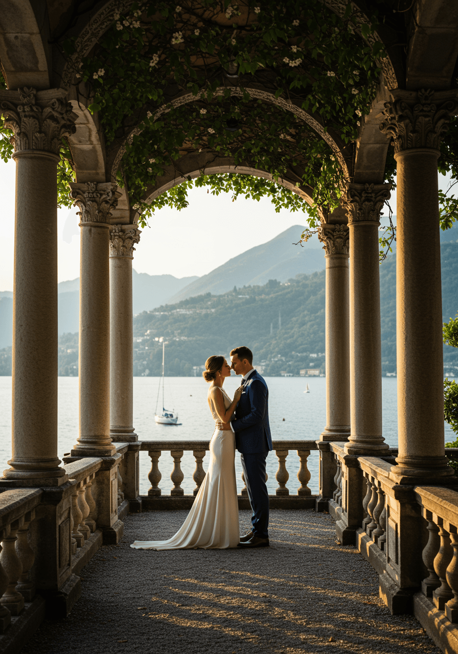 Wedding couple on grand villa terrace with neoclassical architecture backdrop