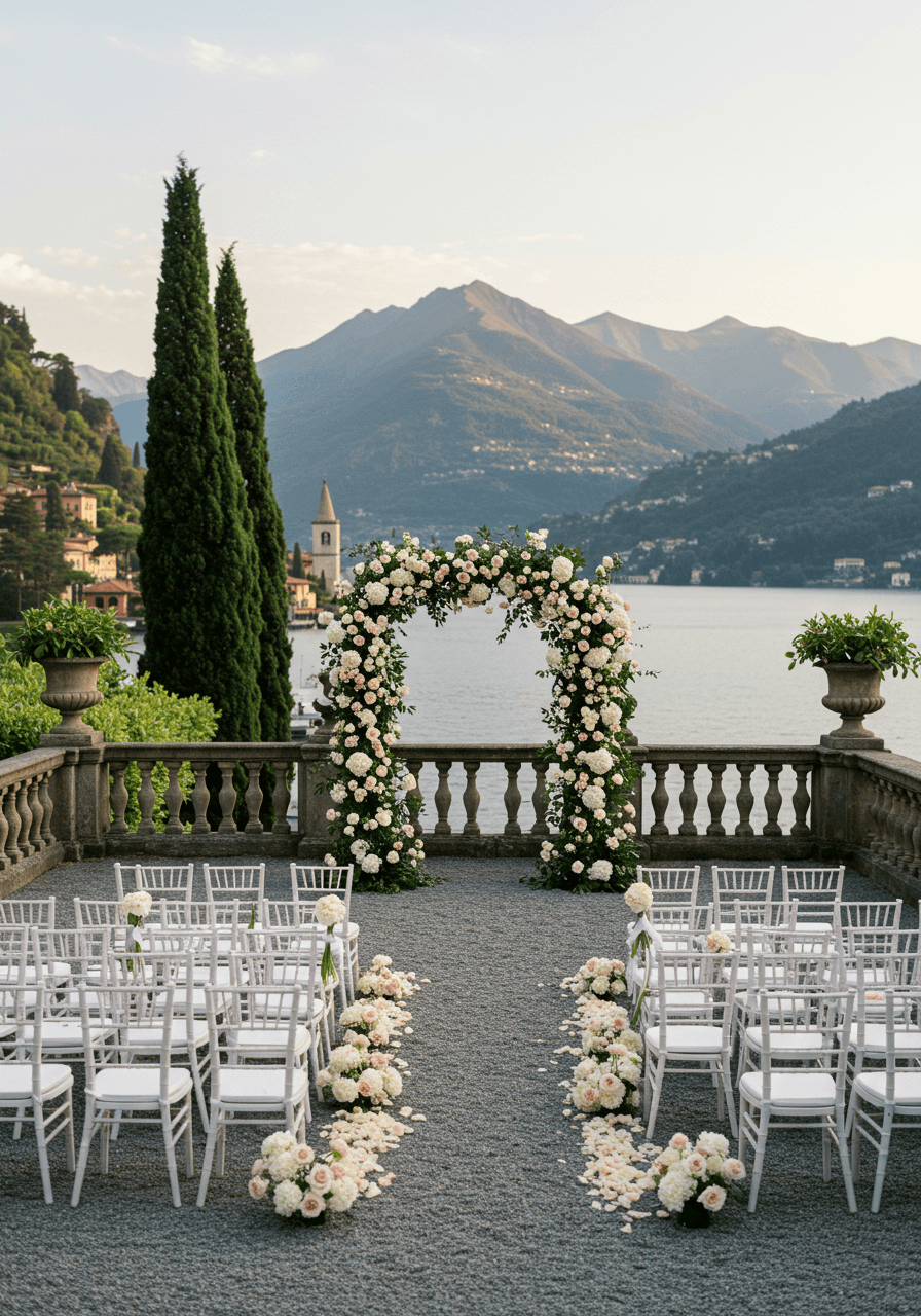 White ceremony chairs arranged with floral arch and mountain lake view